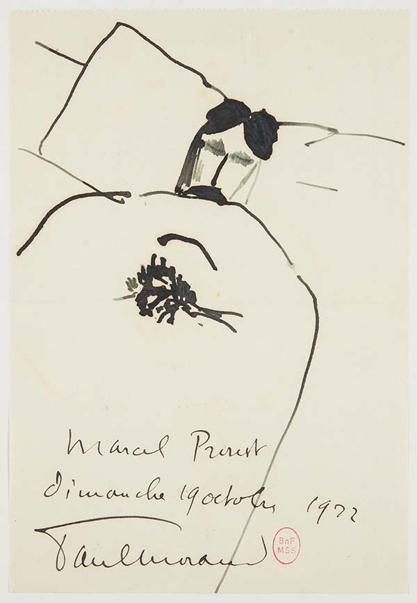 Paul Morand, Marcel Proust sur son lit de mort, novembre 1922, encre et lavis. Succession Paul Morand / photo BnF